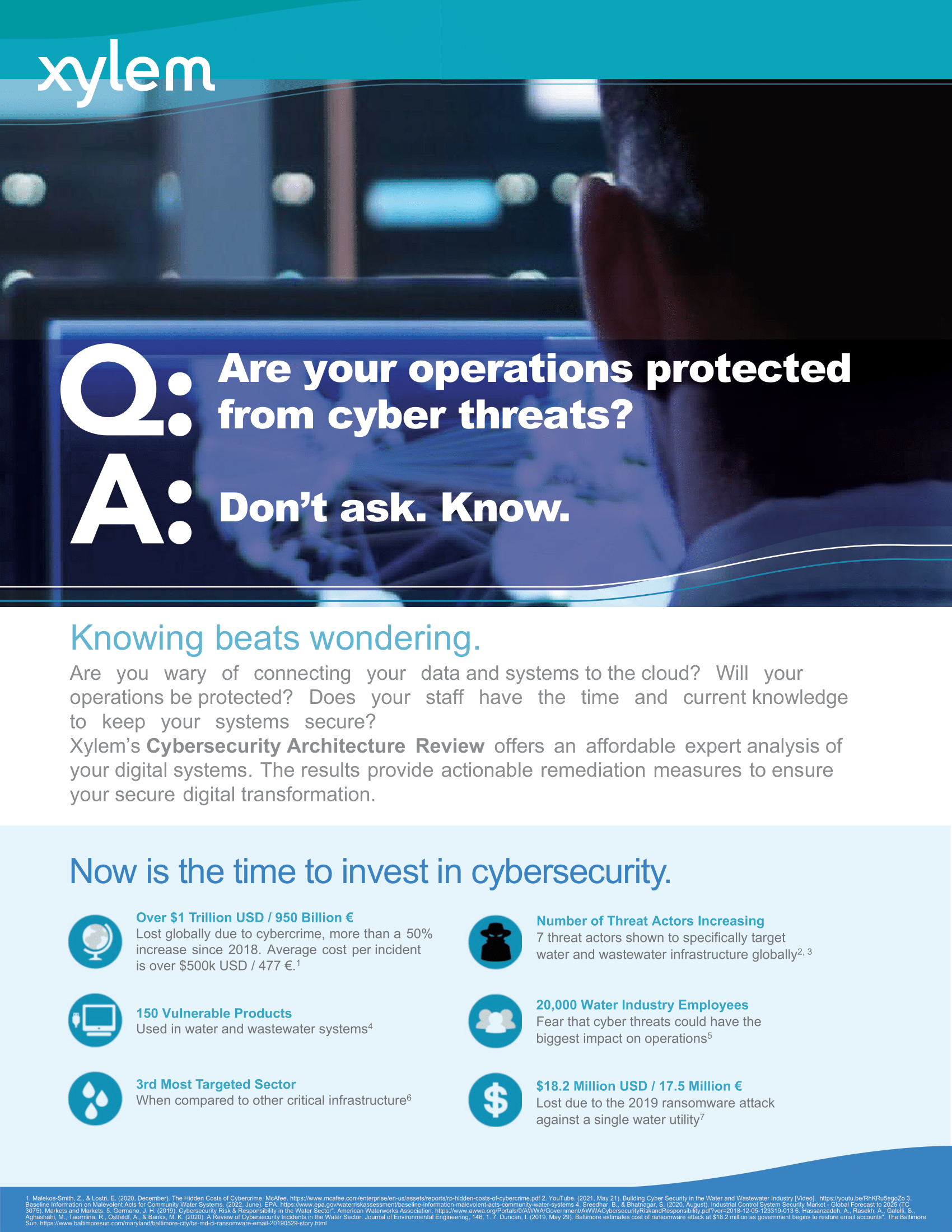 Xylem
Q: Are your operations protected from cyber threats?
A: Don't ask. Know.
Xylem's Cybersecurity Architecture Review offers an affordable expert analysis of your digital systems.